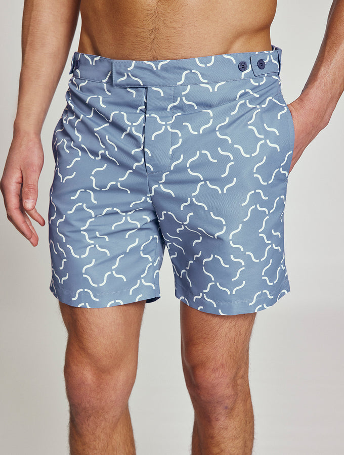 TAILORED SWIM SHORTS LINEAR TILE PRINT